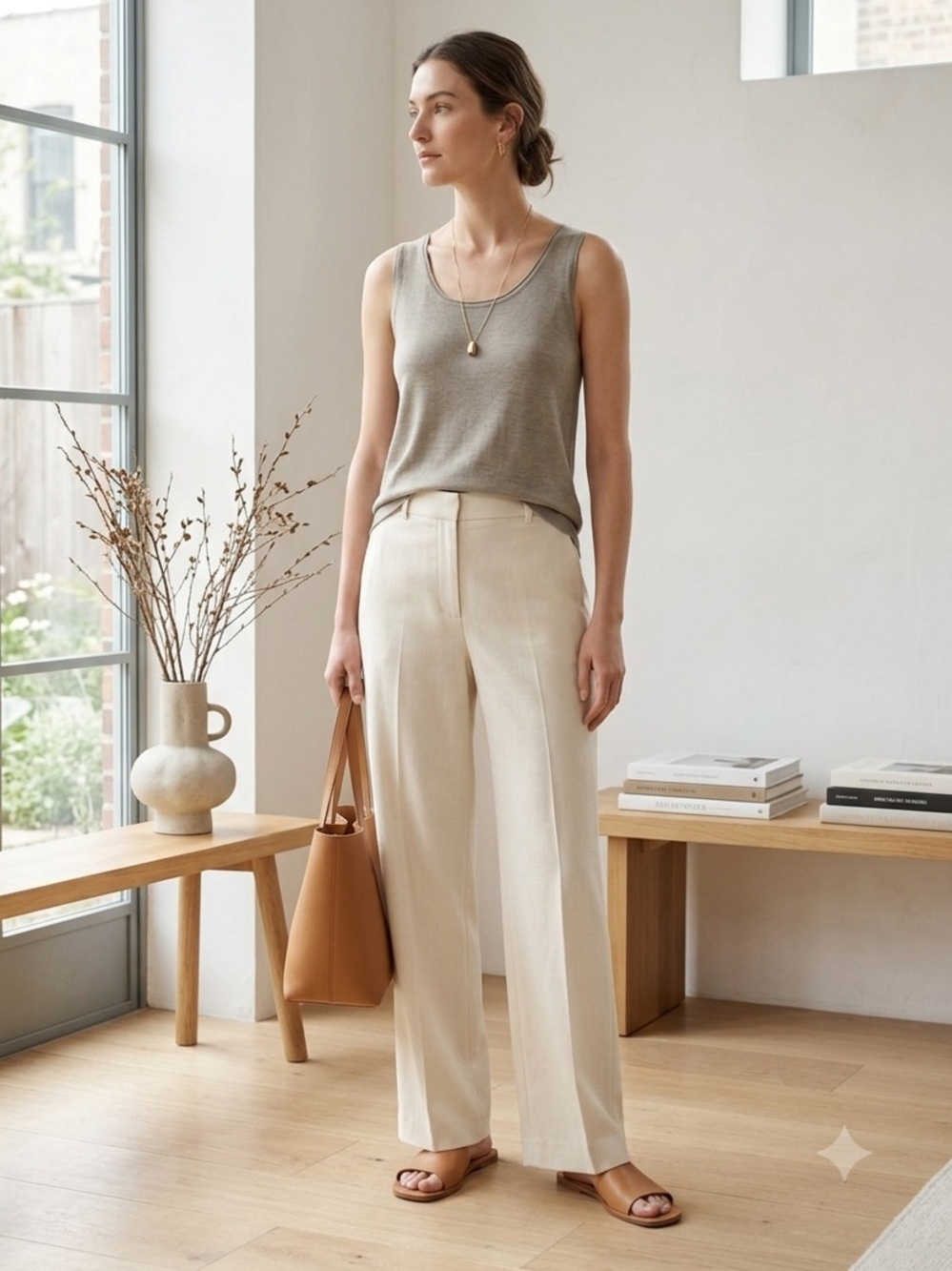 Eileen Fisher Taupe Grey 100% Silk Knit Jersey Scoop Neck Tank Top - Small